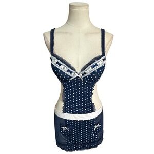 RAMPAGE Blue White Chemise Polka Dot Bra French Maid Costume Sexy‎ Costume L M